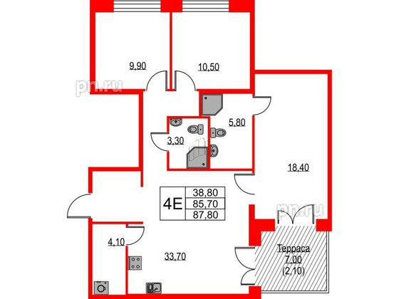 Квартира в ЖК NEWПИТЕР, 3 комнатная, 87.8 м², 1 этаж