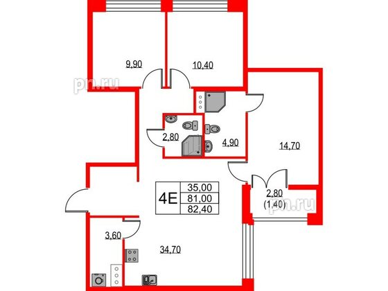 Квартира в ЖК NEWПИТЕР, 3 комнатная, 82.4 м², 2 этаж