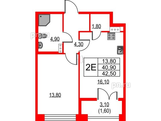 Квартира в ЖК NEWПИТЕР, 1 комнатная, 42.5 м², 2 этаж