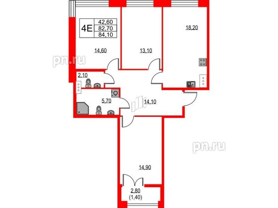 Квартира в ЖК NEWПИТЕР, 3 комнатная, 84.1 м², 4 этаж