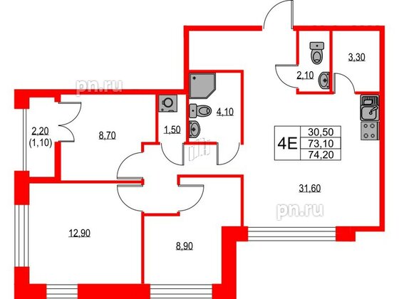 Квартира в ЖК NEWПИТЕР, 3 комнатная, 74.2 м², 2 этаж