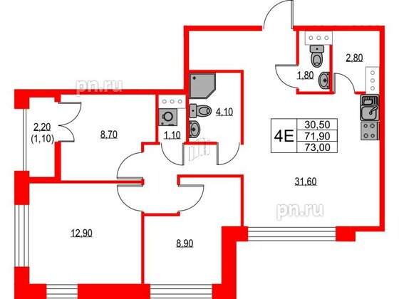 Квартира в ЖК NEWПИТЕР, 3 комнатная, 73 м², 5 этаж