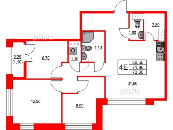 Квартира в ЖК NEWПИТЕР, 3 комнатная, 73 м², 7 этаж