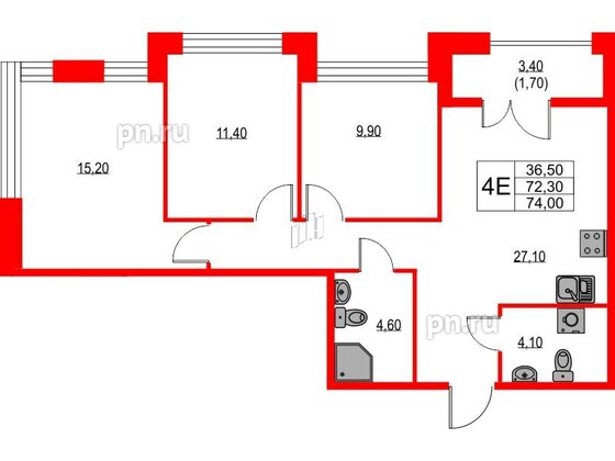 Квартира в ЖК NEWПИТЕР, 3 комнатная, 74 м², 2 этаж