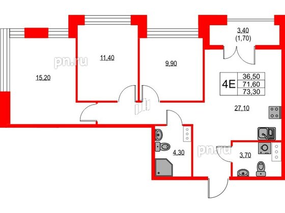 Квартира в ЖК NEWПИТЕР, 3 комнатная, 73.3 м², 3 этаж