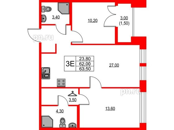 Квартира в ЖК NEWПИТЕР, 2 комнатная, 63.5 м², 2 этаж