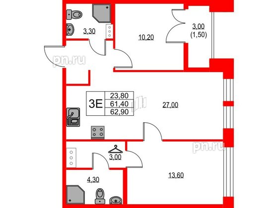 Квартира в ЖК NEWПИТЕР, 2 комнатная, 62.9 м², 6 этаж