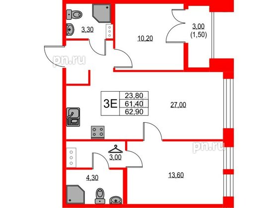 Квартира в ЖК NEWПИТЕР, 2 комнатная, 62.9 м², 7 этаж