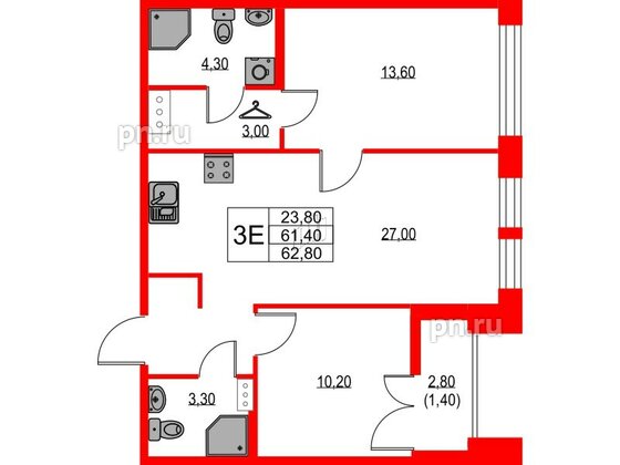 Квартира в ЖК NEWПИТЕР, 2 комнатная, 62.8 м², 3 этаж