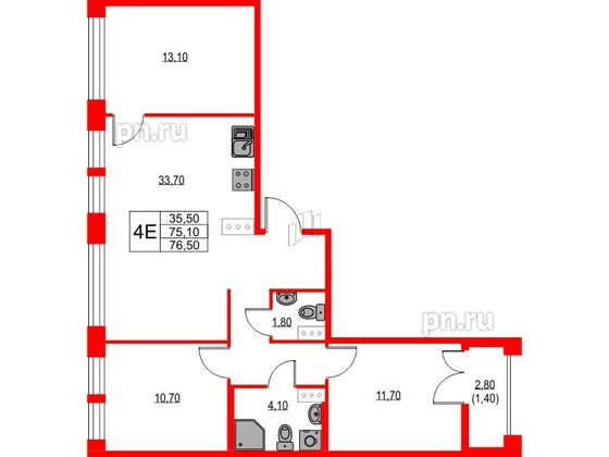 Квартира в ЖК NEWПИТЕР, 3 комнатная, 76.5 м², 3 этаж