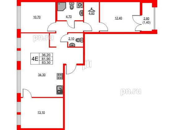 Квартира в ЖК NEWПИТЕР, 3 комнатная, 83.3 м², 2 этаж