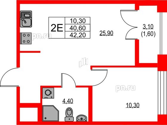 Квартира в ЖК NEWПИТЕР, 1 комнатная, 42.2 м², 2 этаж