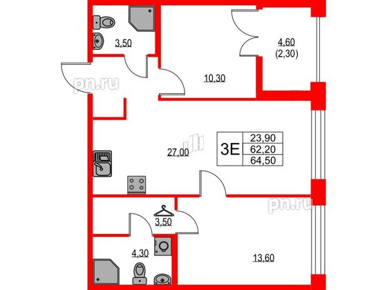 Квартира в ЖК NEWПИТЕР, 2 комнатная, 64.5 м², 2 этаж