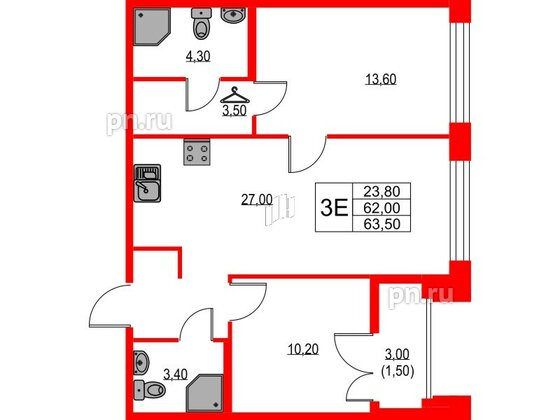 Квартира в ЖК NEWПИТЕР, 2 комнатная, 63.5 м², 2 этаж