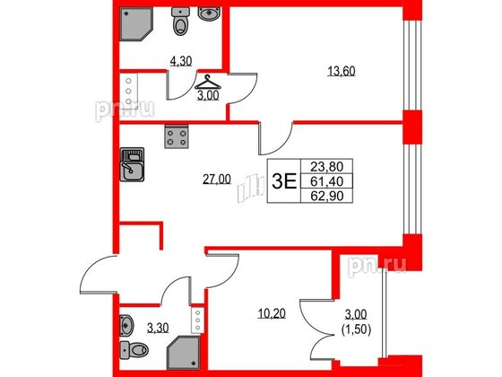 Квартира в ЖК NEWПИТЕР, 2 комнатная, 62.9 м², 3 этаж