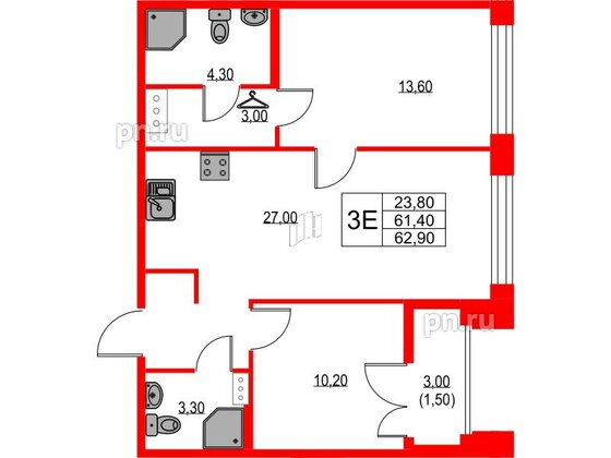 Квартира в ЖК NEWПИТЕР, 2 комнатная, 62.9 м², 4 этаж