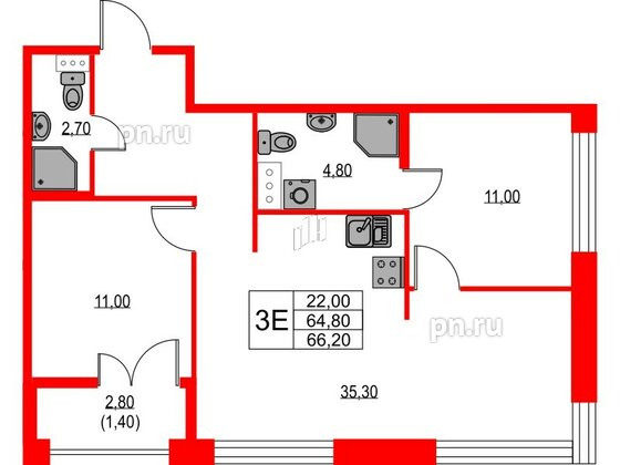 Квартира в ЖК NEWПИТЕР, 2 комнатная, 66.2 м², 3 этаж