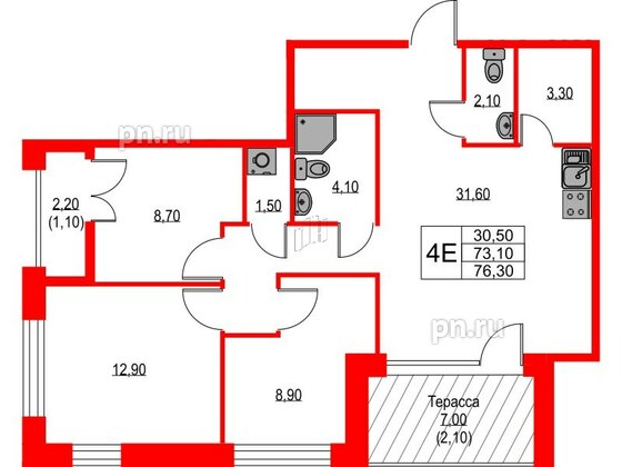 Квартира в ЖК NEWПИТЕР, 3 комнатная, 76.3 м², 2 этаж