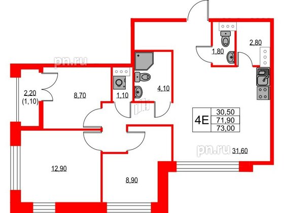 Квартира в ЖК NEWПИТЕР, 3 комнатная, 73 м², 3 этаж