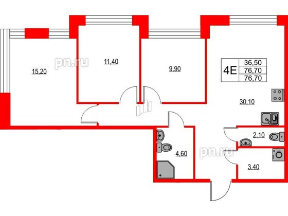 Квартира в ЖК NEWПИТЕР, 3 комнатная, 76.7 м², 2 этаж