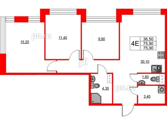 Квартира в ЖК NEWПИТЕР, 3 комнатная, 75.9 м², 3 этаж