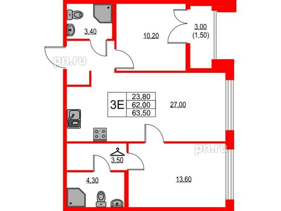 Квартира в ЖК NEWПИТЕР, 2 комнатная, 63.5 м², 2 этаж