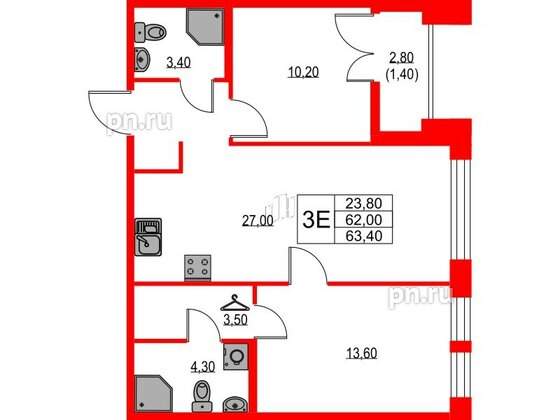 Квартира в ЖК NEWПИТЕР, 2 комнатная, 63.4 м², 2 этаж