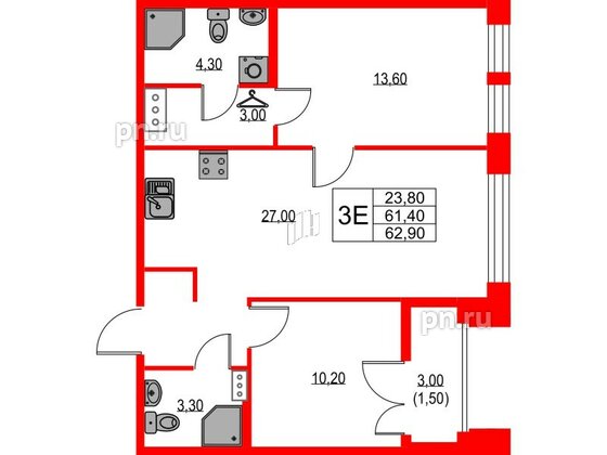 Квартира в ЖК NEWПИТЕР, 2 комнатная, 62.9 м², 3 этаж