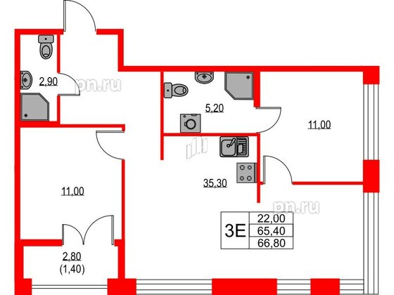 Квартира в ЖК NEWПИТЕР, 2 комнатная, 66.8 м², 2 этаж