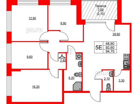 Квартира в ЖК NEWПИТЕР, 4 комнатная, 94.7 м², 2 этаж