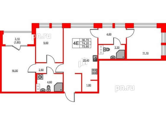 Квартира в ЖК NEWПИТЕР, 3 комнатная, 75.8 м², 3 этаж