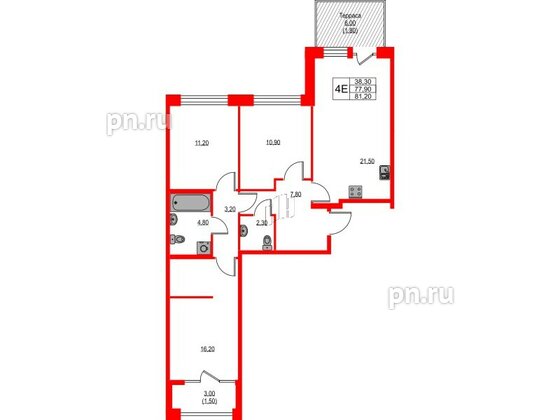 Квартира в ЖК NEWПИТЕР, 3 комнатная, 81.2 м², 2 этаж