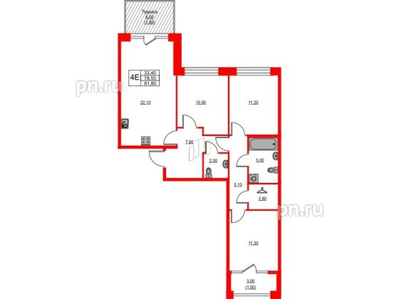 Квартира в ЖК NEWПИТЕР, 3 комнатная, 81.8 м², 2 этаж