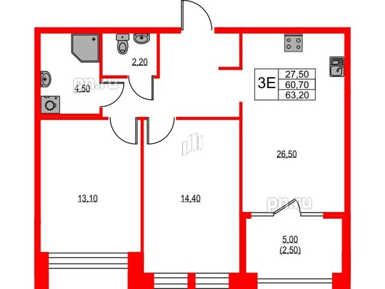 Квартира в ЖК NEWПИТЕР, 2 комнатная, 63.2 м², 2 этаж