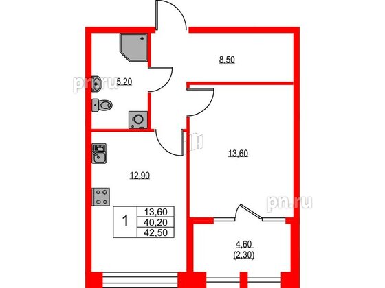 Квартира в ЖК NEWПИТЕР, 1 комнатная, 42.5 м², 2 этаж