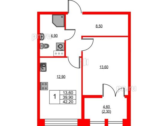 Квартира в ЖК NEWПИТЕР, 1 комнатная, 42.2 м², 6 этаж