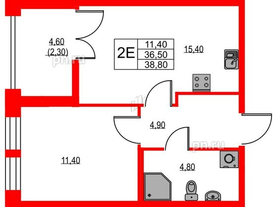 Квартира в ЖК NEWПИТЕР, 1 комнатная, 38.8 м², 2 этаж