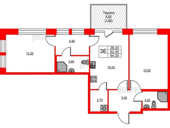 Квартира в ЖК NEWПИТЕР, 2 комнатная, 64.2 м², 2 этаж