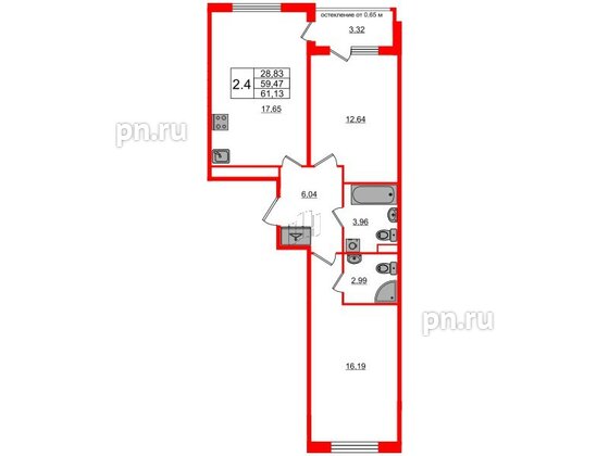 Квартира в ЖК 'Univer City', 2 комнатная, 59.47 м², 1 этаж