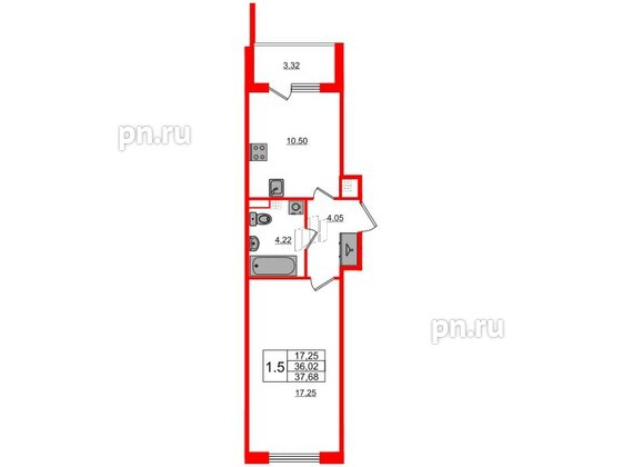 Квартира в ЖК Univer City, 1 комнатная, 36.02 м², 3 этаж