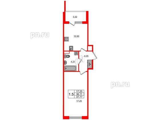 Квартира в ЖК Univer City, 1 комнатная, 36.11 м², 1 этаж