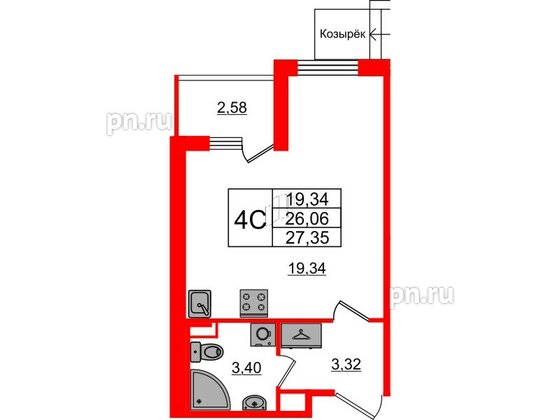 Квартира в ЖК Univer City, студия, 26.06 м², 1 этаж