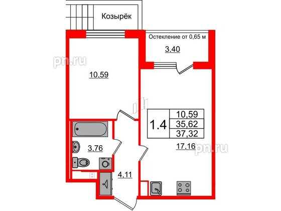 Квартира в ЖК Univer City, 1 комнатная, 35.52 м², 1 этаж