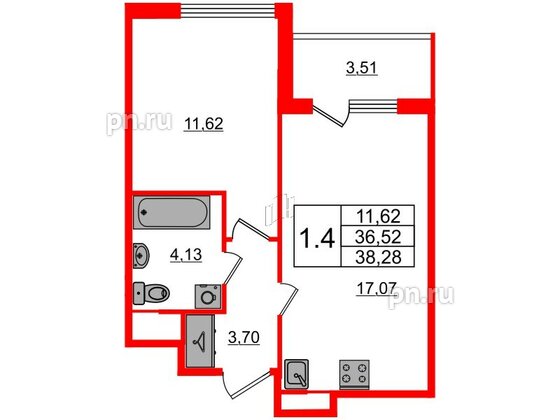 Квартира в ЖК Univer City, 1 комнатная, 36.52 м², 1 этаж