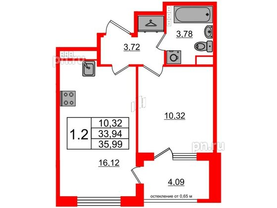 Квартира в ЖК Univer City, 1 комнатная, 33.94 м², 4 этаж