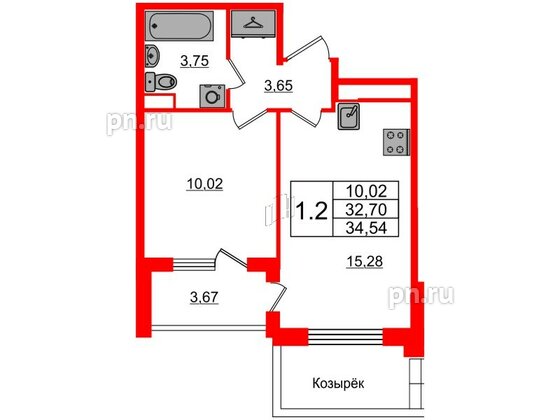 Квартира в ЖК 'Univer City', 1 комнатная, 32.7 м², 1 этаж