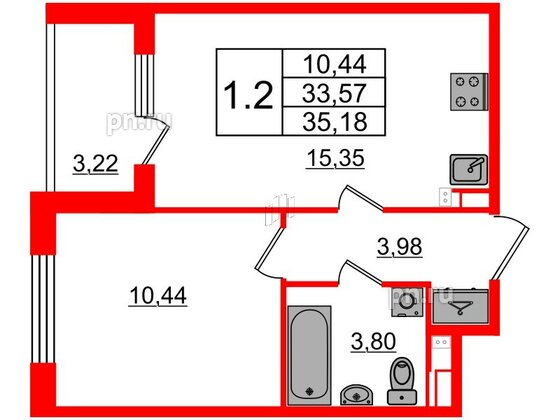 Квартира в ЖК Univer City, 1 комнатная, 33.57 м², 3 этаж