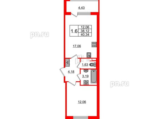 Квартира в ЖК Univer City, 1 комнатная, 38.12 м², 2 этаж