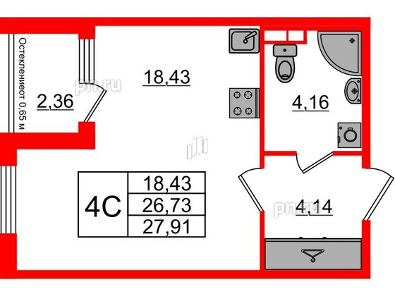 Квартира в ЖК 'Univer City', студия, 26.73 м², 1 этаж