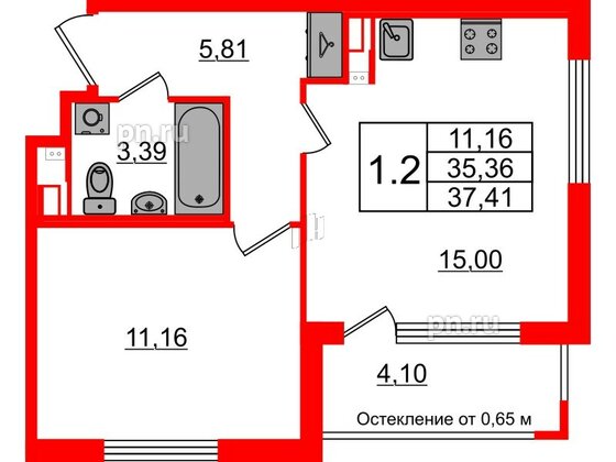 Квартира в ЖК Univer City, 1 комнатная, 35.36 м², 2 этаж